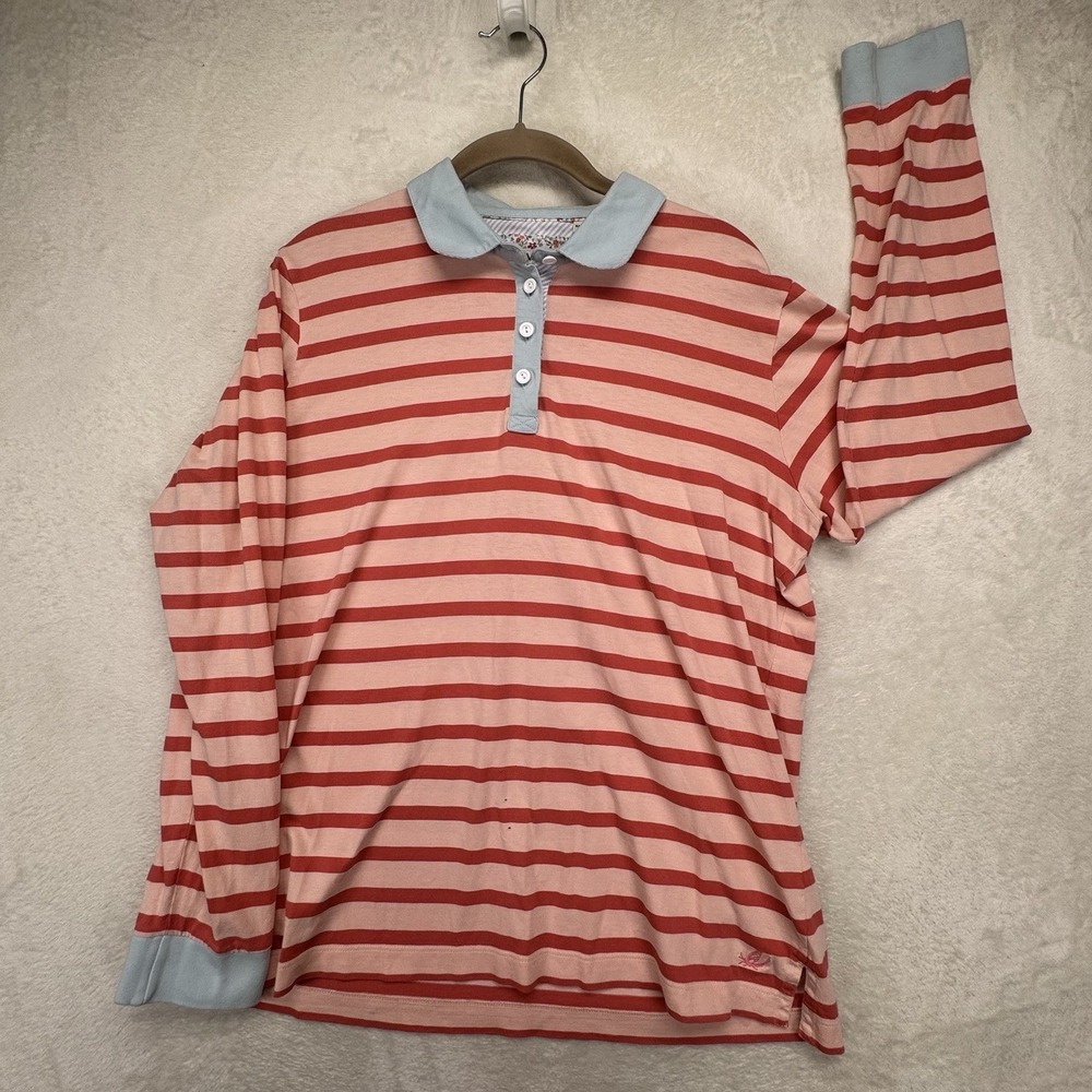 Orvis Rugby Polo Shirt Women's L Pink Stripe Long Sleeve Preppy Casual Soft